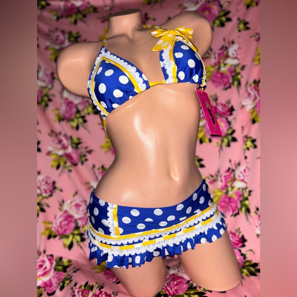 Betsey Johnson yellow blue bow polka dot bikini skirted bottom rockabilly pinup - Picture 3 of 9